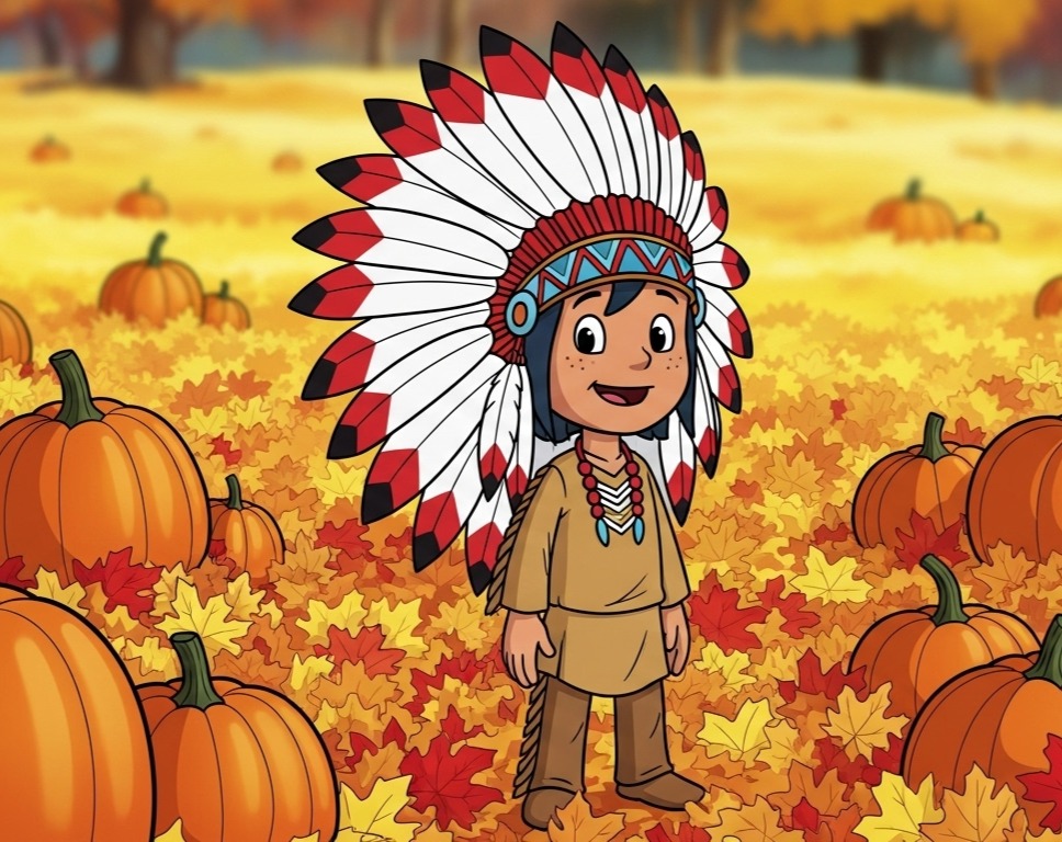 Cartoon child in Native American headdress among fall leaves and pumpkins.